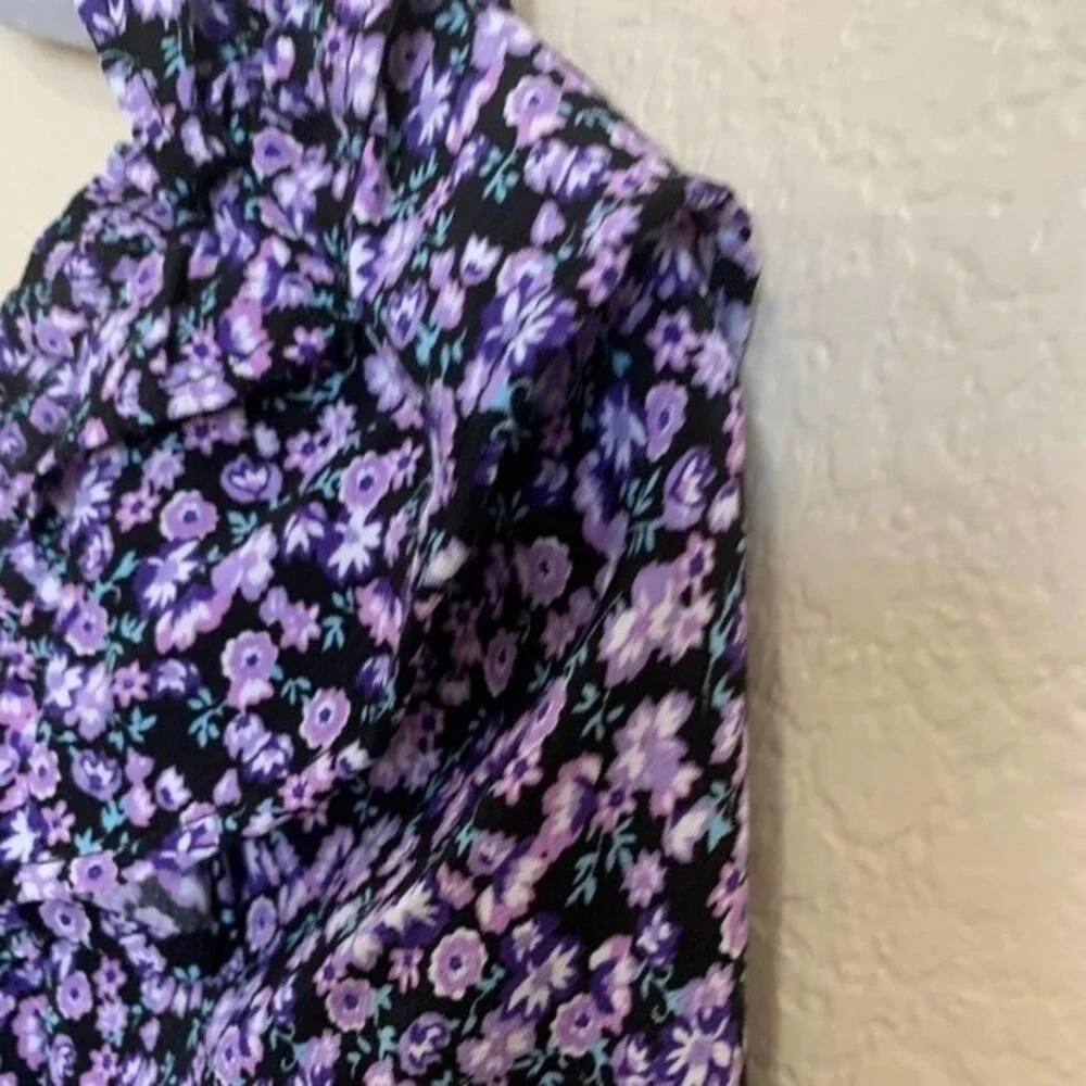Zara Purple top floral long sleeve front drawstring size S boho bohemian